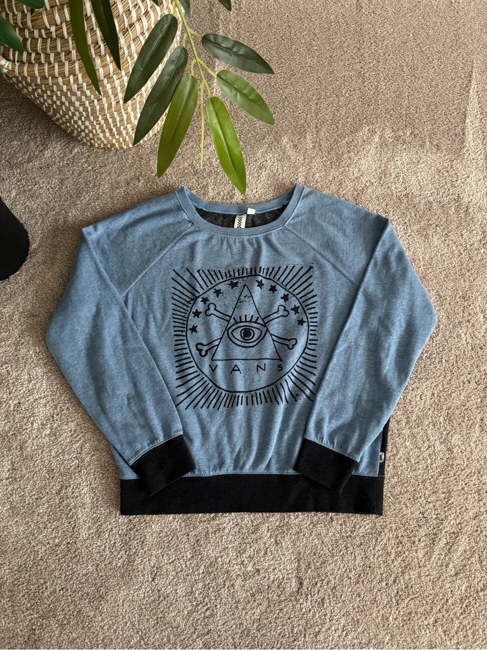 Vans Light Blue Pullover Sweatshirt with Black Illuminati Graphic L